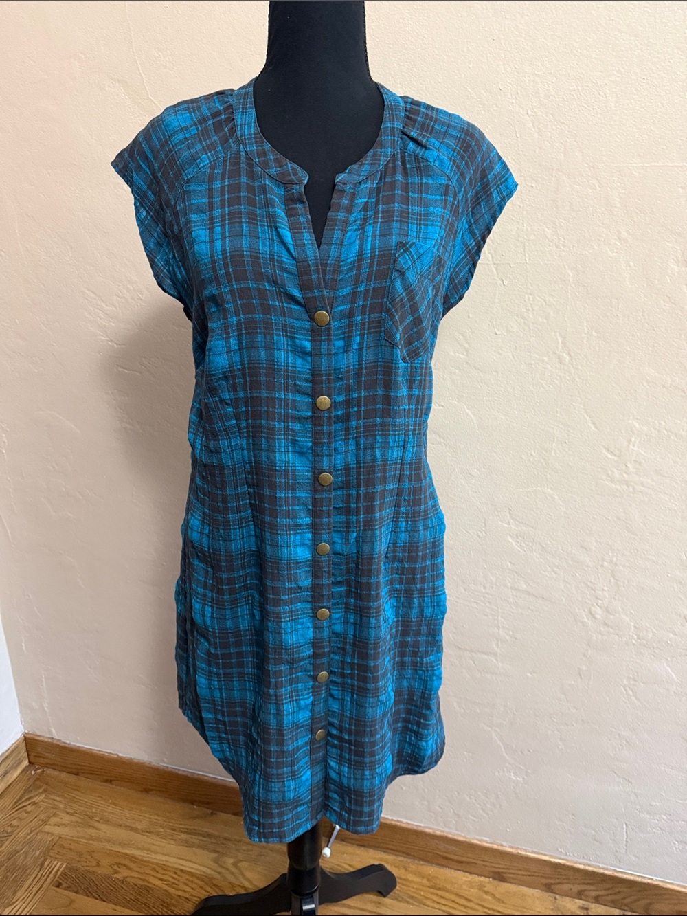 silence + noise Teal and Black Plaid Button-Front Dress